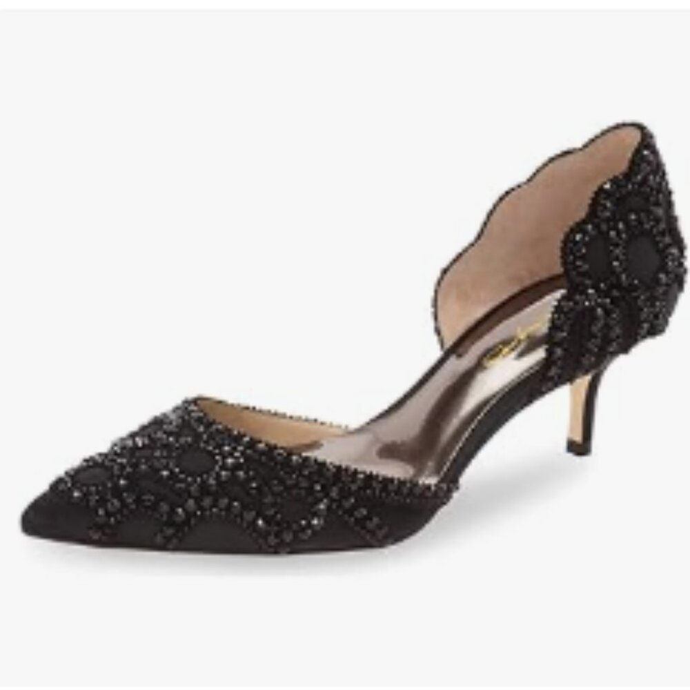 XYD Black Pointed Toe D'Orsay Kitten Heel Rhinestone Studs Slip-On Satin Shoes